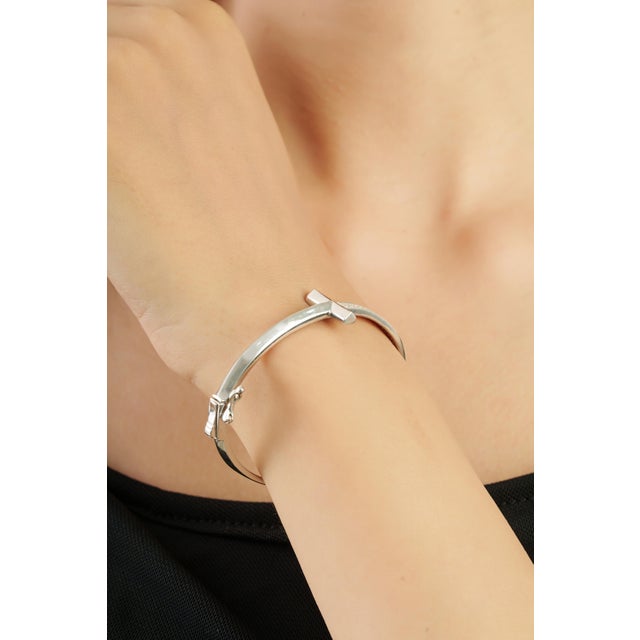 Modernist T Bar Cubic Zirconia Bangle Bracelet in 925 Silver - Anniversary Gift For Sale - Image 6 of 12