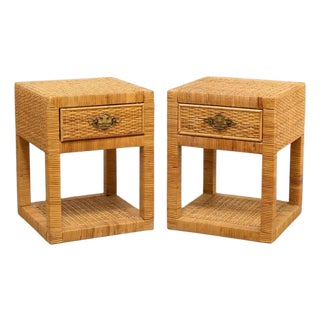 Pair of Vintage Rattan Nightstands With Drawers and Brass-Tone Hardware For Sale
