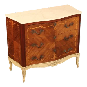 1920's French Marquetry Inlaid Marble Top Chest of Drawers