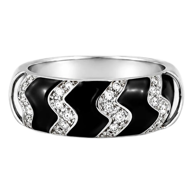 Late 20th Century 18K White Gold Hidalgo Diamond Zigzag Enamel Wedding Band Ring, Size 6.5 For Sale