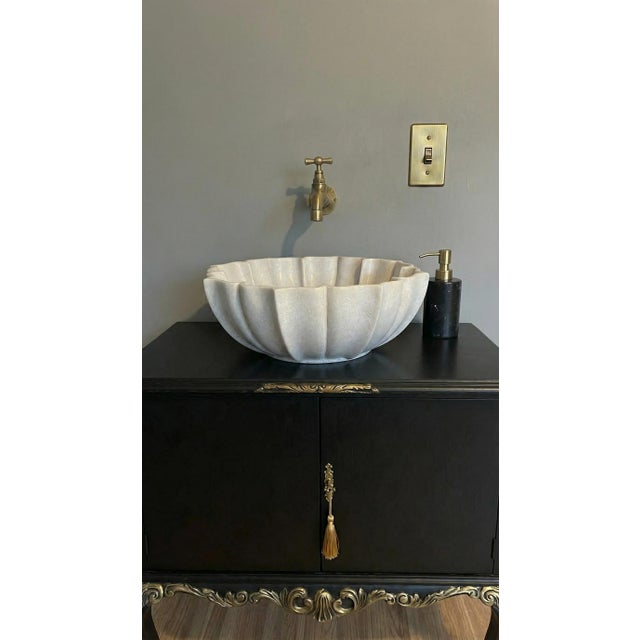 White marble lotus vessel sink, scalloped stone basin, and hand carved bathroom vanity sink designed for countertop...