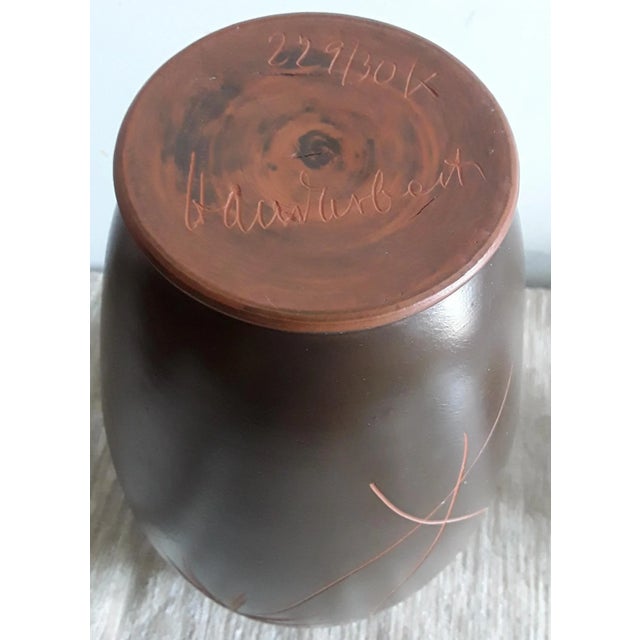 1960s German Handmade Brown Ceramic Vase with Incised Floral Decoration in Red, 1960s For Sale - Image 5 of 6