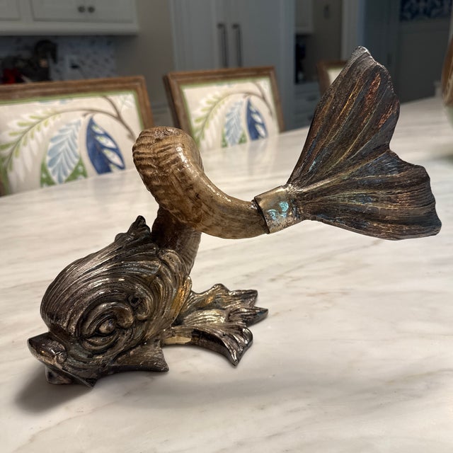 Mid-Century Modern 1970s Gabriella Crespi Silvered Bronze and Horn Dolphin Sculptor - Signed For Sale - Image 3 of 10