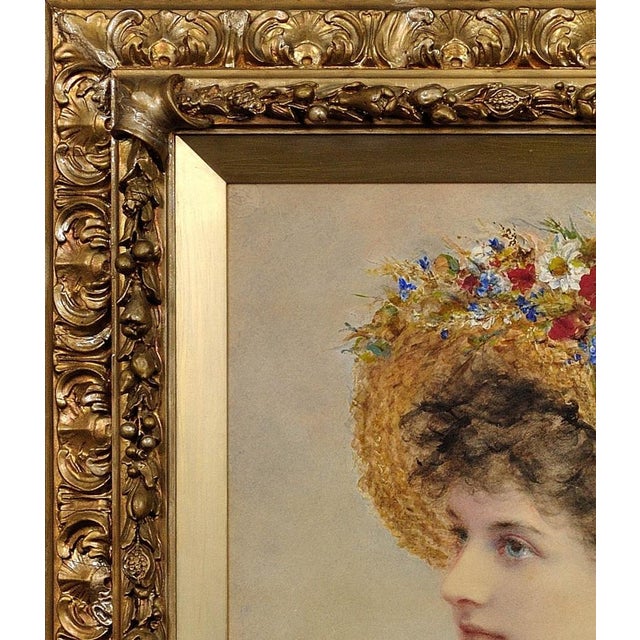 Alice Anne Renshaw, Young Lady with Summer Meadow Flowers in Her Straw Hat, Watercolour & Gouache Painting, 1800s, Framed For Sale - Image 5 of 18