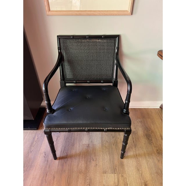 English Pair, Regency Style Ebonized Faux Bamboo, Leather & Cane Back Armchairs For Sale - Image 3 of 9