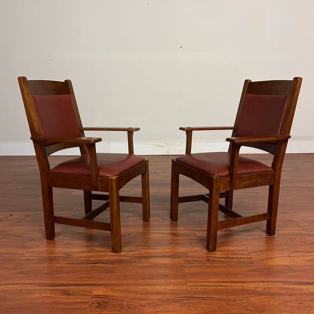 Pair of classic Stickley Mission style Stickley Furniture cherry wood upholstered Cottage armchairs, especially...