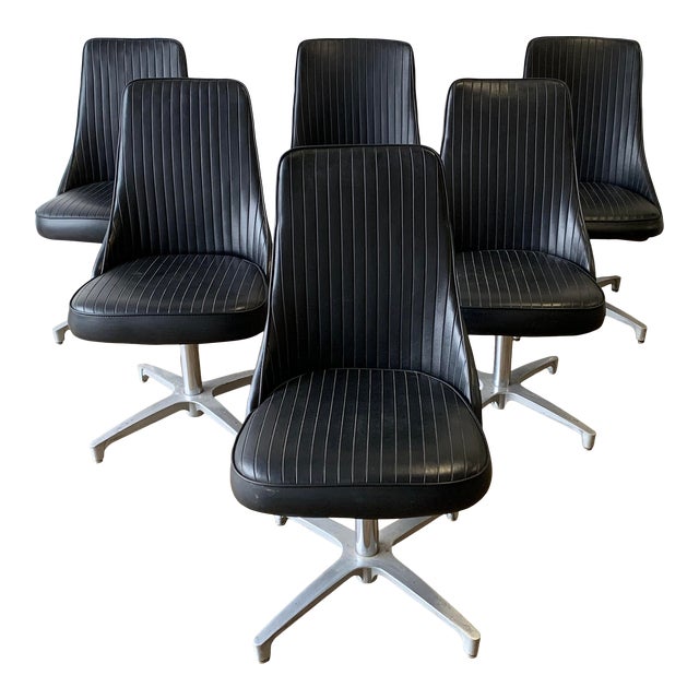 1970s MidCentury Modern Chromcraft Black Vinyl Swivel Bucket Dining