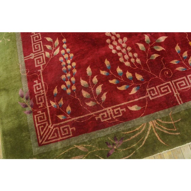 Ruby Red Magistral Red Rust Background and Green Border Color With Floral Design Antique Chinese Art Deco Rug For Sale - Image 8 of 12