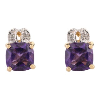 Cushion Cut Amethyst and Diamond Stud Earrings in 14k Yellow Gold - 2 Pieces For Sale