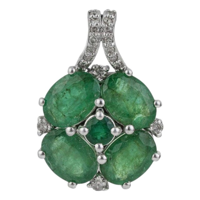 3.21 Carat Emerald Floral Pendant With Diamond Pavé Bail in 925 Silver For Sale