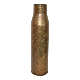 Ww2 Military Authentic Egyptian Scroll Etched Artillery Shell Casing Inscribed Art Deco For Sale