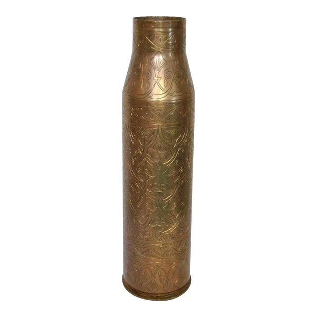 Ww2 Military Authentic Egyptian Scroll Etched Artillery Shell Casing Inscribed Art Deco For Sale