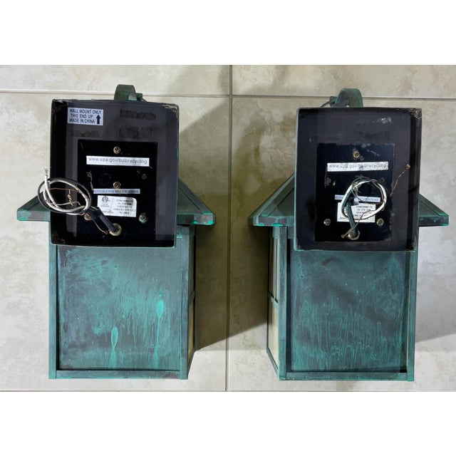 Pair of Vintage Solid Brass Outdoor Lanterns – Arts & Crafts Mission Style For Sale - Image 10 of 14