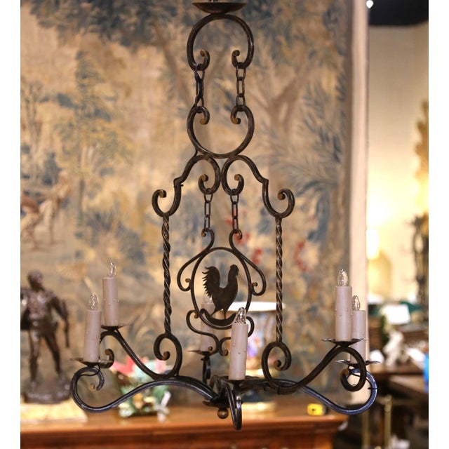 Metal Late 20th Century French Hand-Forged Polished Iron Six-Light Rooster Chandelier For Sale - Image 7 of 8