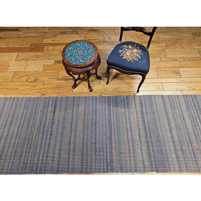 Antique American Amish Rag Runner, Handwoven Wool & Cotton, Stripe Pattern, Gray & Blue, 3x14 For Sale - Image 12 of 12