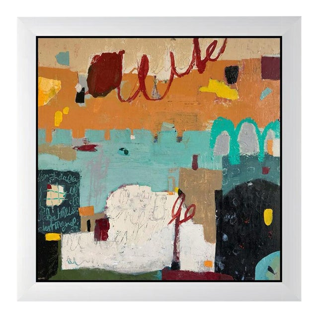 Christiane Corcelle "Thé À La Menthe Ii" Mixed Media on Board, Framed Abstract Painting in Orange and Aqua, 2022 For Sale