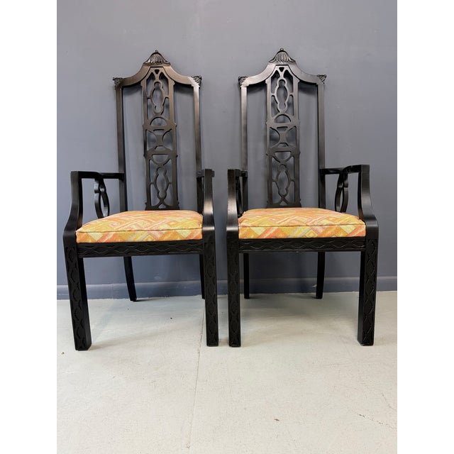 Elegant Pair of 1970s Black Chinoiserie Arm Chairs W/Carved Details Mid Century For Sale - Image 4 of 11