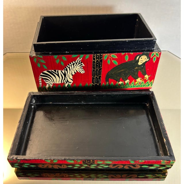Wood Vintage Wood & Paper Mache Hand Painted Safari Style Dresser Box ~ Monkeys & Zebras For Sale - Image 7 of 8