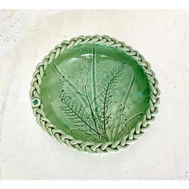 Beautiful round studio sage color bowl with leaf prints Great for a rustic kitchen to hold your best selection of fruits...