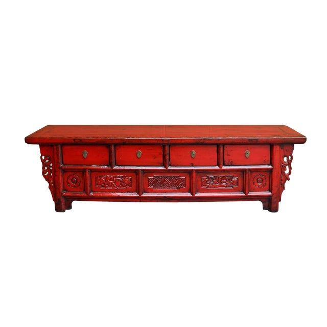 Chinese Distressed Red Lacquer Low Long Tv Console Cabinet Chairish