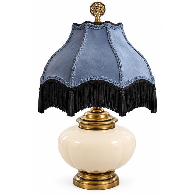 Vintage Ivory Ceramic Urn Table Lamp With Brass Base, Muted Blue Victorian Velvet Shade and Fringe For Sale - Image 4 of 8