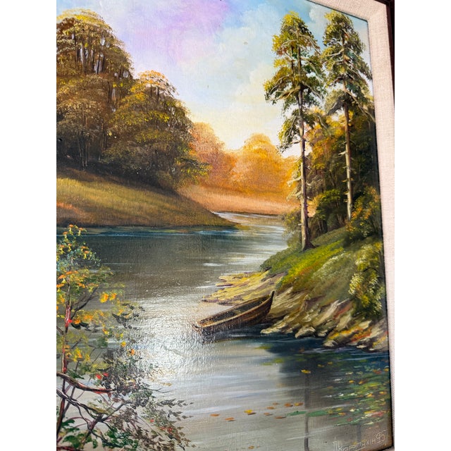 1995 Vintage River Landscape Oil on Masonite Painting, Signed & Framed For Sale - Image 10 of 12
