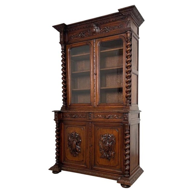 19th Century Antique English Renaissance Revival Oak Bookcase For Sale - Image 3 of 14