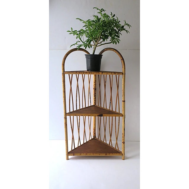 Brown Wicker Bamboo Corner Wall or Floor Shelf Étagère For Sale - Image 8 of 17