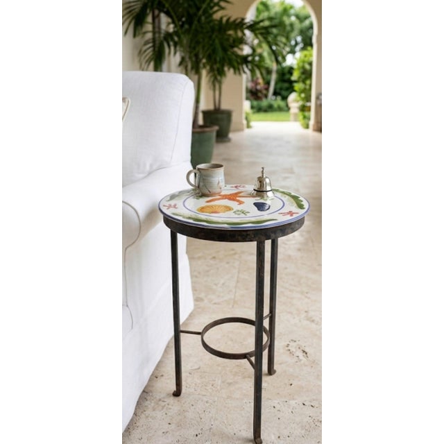 White Mediterranean Style Hand-Painted Ceramic and Wrought Iron Coastal Martini Table For Sale - Image 8 of 12