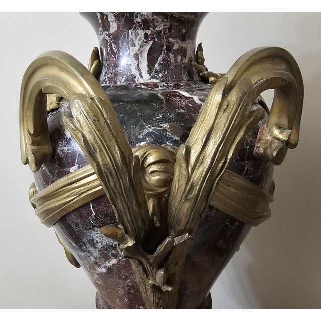 Lavender Pair Early 20th C. Louis XVI Style Mottled Lavender Marble and Gilt Bronze Ormolu Covered Urns For Sale - Image 8 of 13