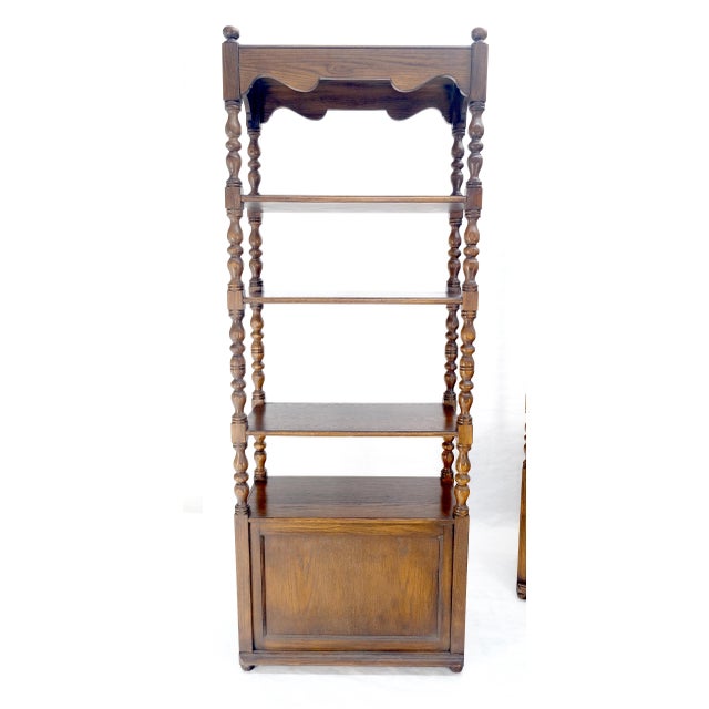 Pair of Solid Oak Spanish Colonial Etageres Shelves w/ Storage Cabinets & Finial