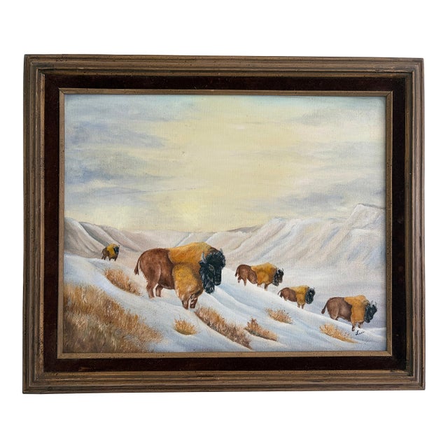 Vintage Bison Landscape Painting – Oil on Canvas, Signed “Luci,” Framed For Sale