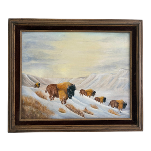 Vintage Bison Landscape Painting – Oil on Canvas, Signed “Luci,” Framed
