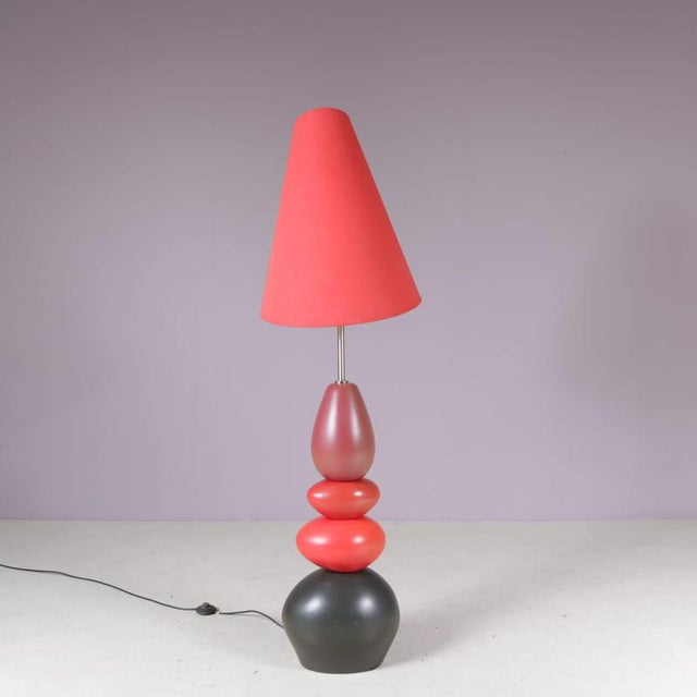 Ceramic Floor Lamp with Red Fabric Hood from Francois Chatain, France, 1970s For Sale - Image 15 of 15