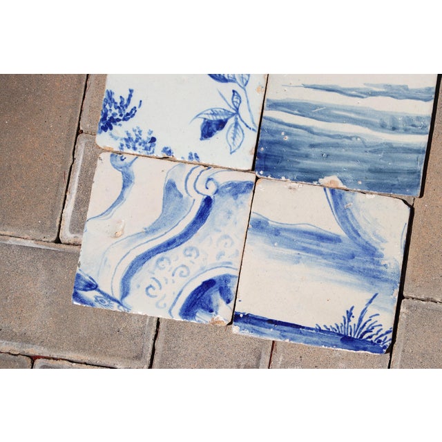 Antique Set of Eight Baroque Portuguese Tiles 18th Century Blue & White Scenic & Floral Design For Sale - Image 6 of 7