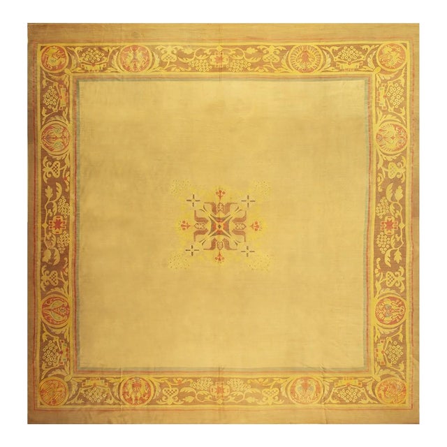 1840s Antique Gold European Aubusson Flatweave Wool Square Rug For Sale