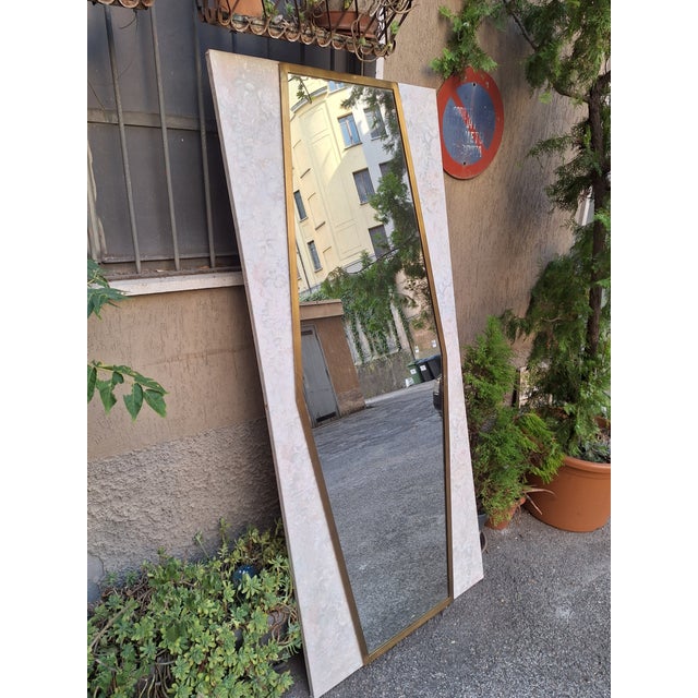 Large Vintage Mirror with Brass Frame on Wooden Panel, 1950s, in Very Good conditions. Designed 1950 to 1959