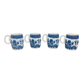 Vintage Blue Pattern Barrel Shaped Mugs - Set of 4 For Sale