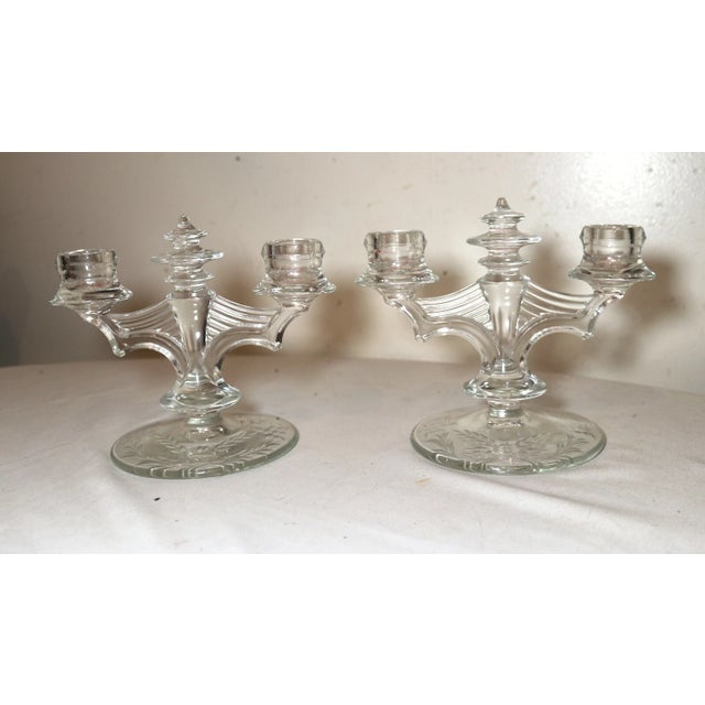 Art Deco Vintage Pair of Art Deco Etched Crystal Candlestick Holders Candelabras Glass For Sale - Image 3 of 12