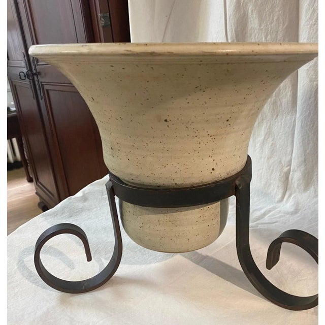 Antique White Cachepot Planter Vintage Showroom Sample Vintage White Ceramic on Iron Base For Sale - Image 8 of 10