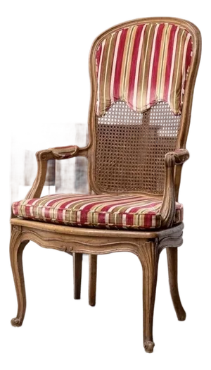 Antique French Louis XV Style Cane Back Armchair With Scalloped Upholstery