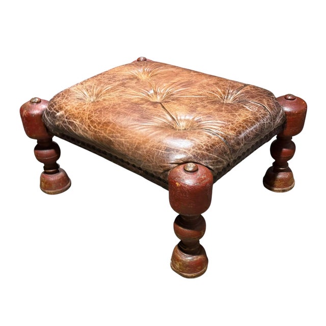 Antique Tufted Leather Ottoman Footstool Bench For Sale - Image 4 of 6