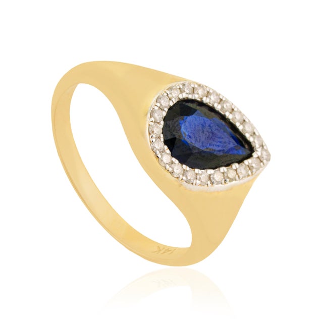 Vintage 1.5ct Pear Cut Blue Sapphire Diamond Ring 14k Yellow Gold Size 6.5 For Sale - Image 4 of 16