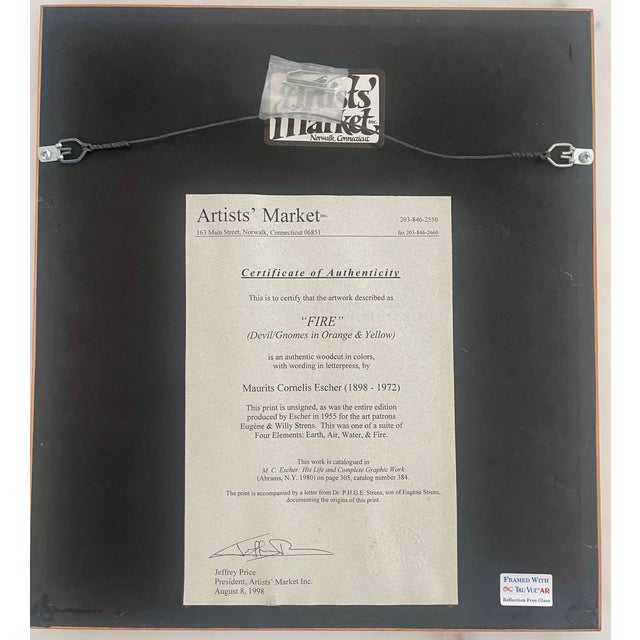 M.C. Escher Woodcut printed on wove paper. "FIRE" The image's structure is designed to evoke the nature of fire, using a...