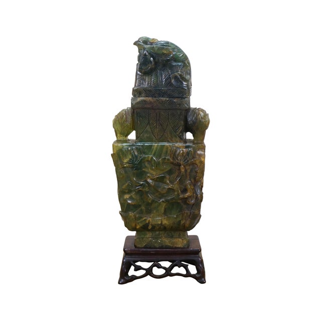 Asian Antique Chinese Qing Dynasty Carved Green & Yellow Jade Pheasant Urn For Sale - Image 3 of 12