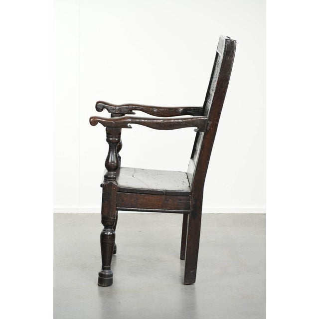 Antique English Oak Wainscot Chair with Wood Carving For Sale - Image 5 of 14