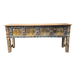 Rustic Hand-Carved Reclaimed Wood Console Table For Sale