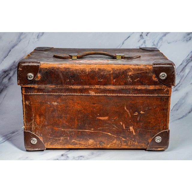 Timeworn Antique English Leather Cunard Label Case Box Home Decor Prop Storage For Sale - Image 14 of 17