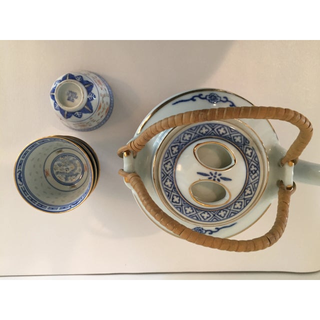 Vintage Chinese Rice Pattern Porcelain Tea Service With Teapot and 4 Cups For Sale - Image 10 of 13