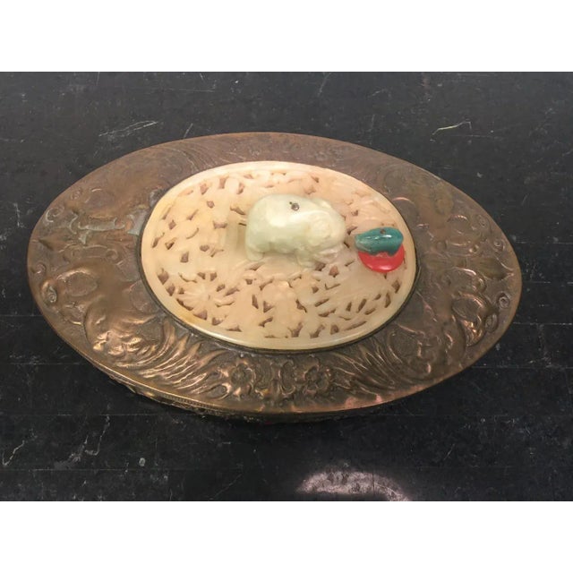 Metal 1930s Art Deco Brass Repousse Jade Elephant Oval Vanity Box For Sale - Image 7 of 11